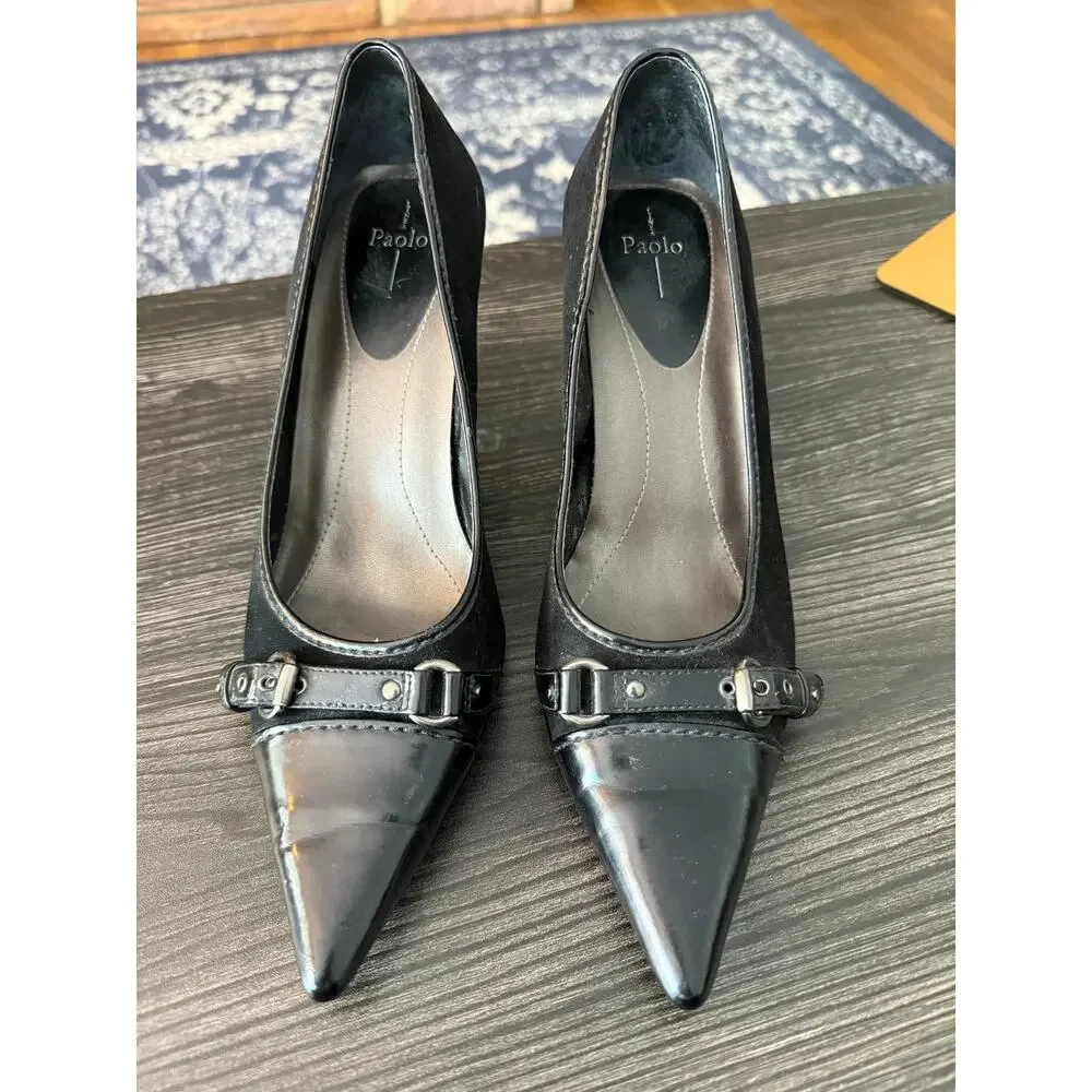 Linea Paola Y2K Suede and Patent Mini Leather Buckle Stiletto Heels Sz. 9